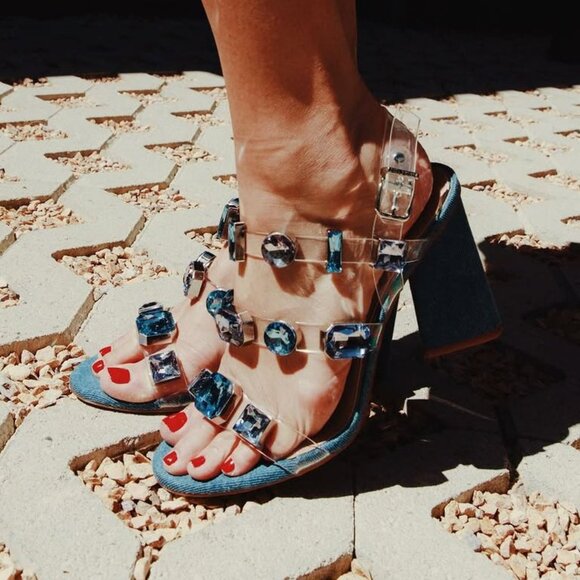Gianni Bini x DANNIJO Bianca SANDALS Size 7 Blue Denim Jewel Embellished NEW